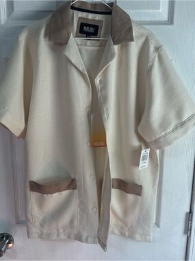 Malibu Cream Short Sleeve Button-Up with Tan Trim